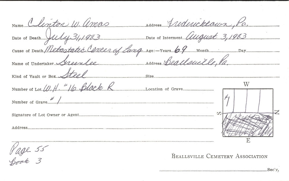 Clinton W. Amos burial card